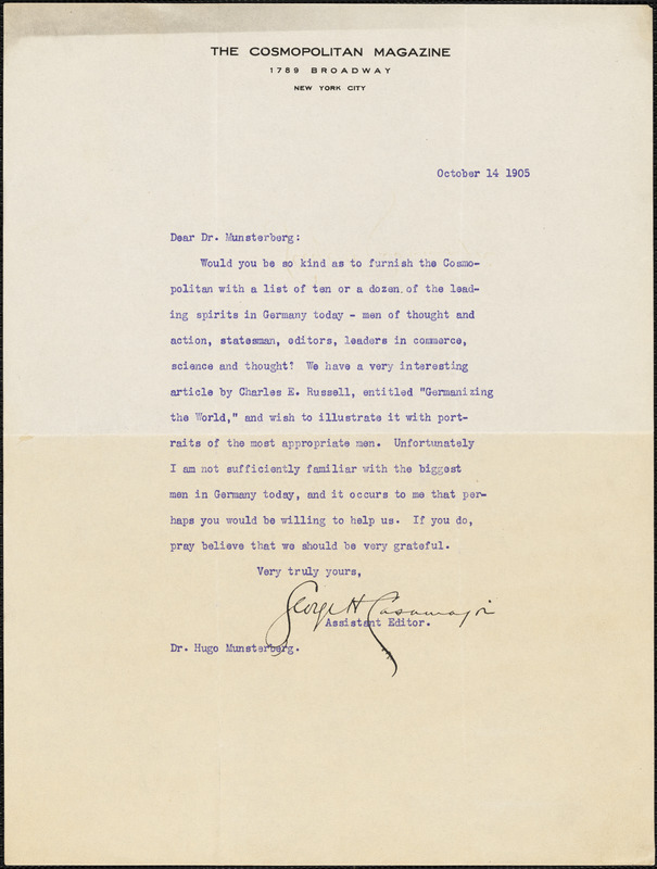 Casamajor, George H., fl.1905 typed letter signed to Hugo Münsterberg, New York, 14 October 1905