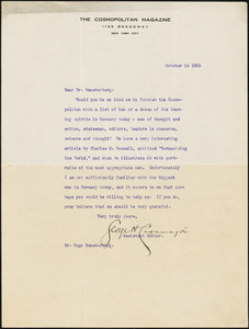 Casamajor, George H., fl.1905 typed letter signed to Hugo Münsterberg, New York, 14 October 1905