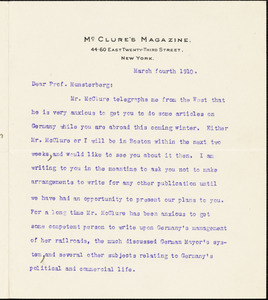Cather, Willa Sibert, 1873-1947 typed letter signed to Hugo Münsterberg, New York, 4 March 1910