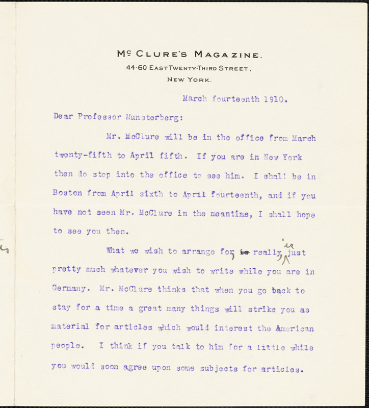 Cather, Willa Sibert, 1873-1947 typed letter signed to Hugo Münsterberg, New York, 14 March 1910