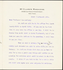 Cather, Willa Sibert, 1873-1947 typed letter signed to Hugo Münsterberg, New York, 14 March 1910