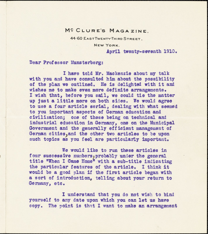 Cather, Willa Sibert, 1873-1947 typed letter signed to Hugo Münsterberg, New York, 27 April 1910
