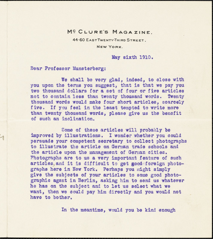 Cather, Willa Sibert, 1873-1947 typed letter signed to Hugo Münsterberg, New York, 6 May 1910