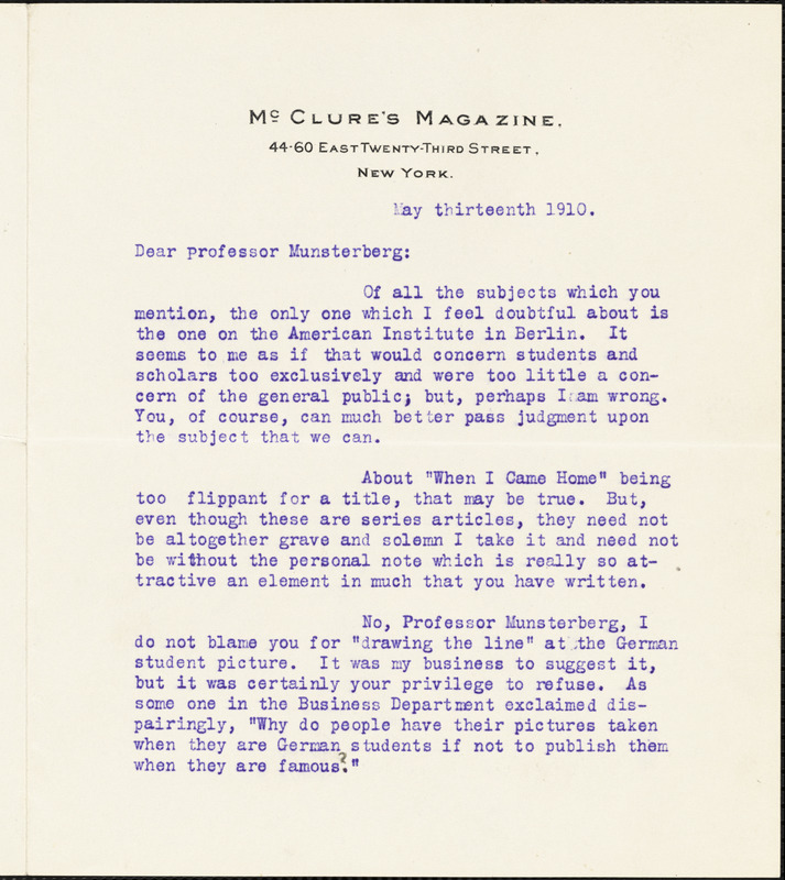 Cather, Willa Sibert, 1873-1947 typed letter signed to Hugo Münsterberg, New York, 13 May 1910