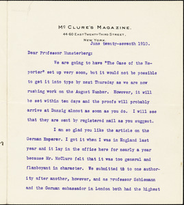 Cather, Willa Sibert, 1873-1947 typed letter signed to Hugo Münsterberg, New York, 27 June 1910