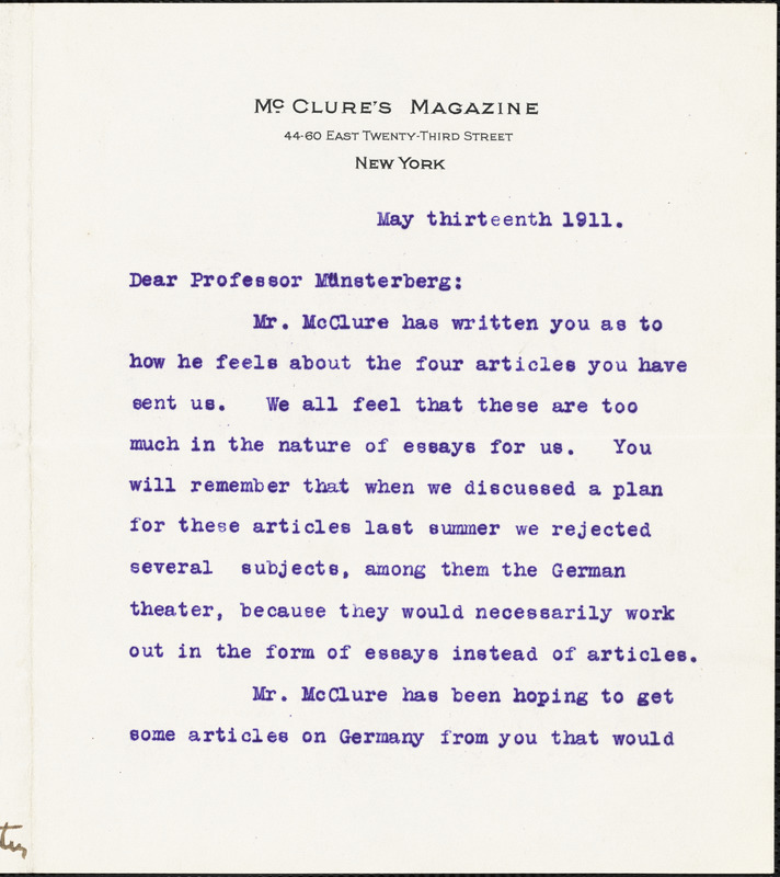 Cather, Willa Sibert, 1873-1947 typed letter signed to Hugo Münsterberg, New York, 13 May 1911