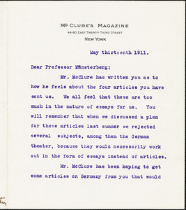 Cather, Willa Sibert, 1873-1947 typed letter signed to Hugo Münsterberg, New York, 13 May 1911