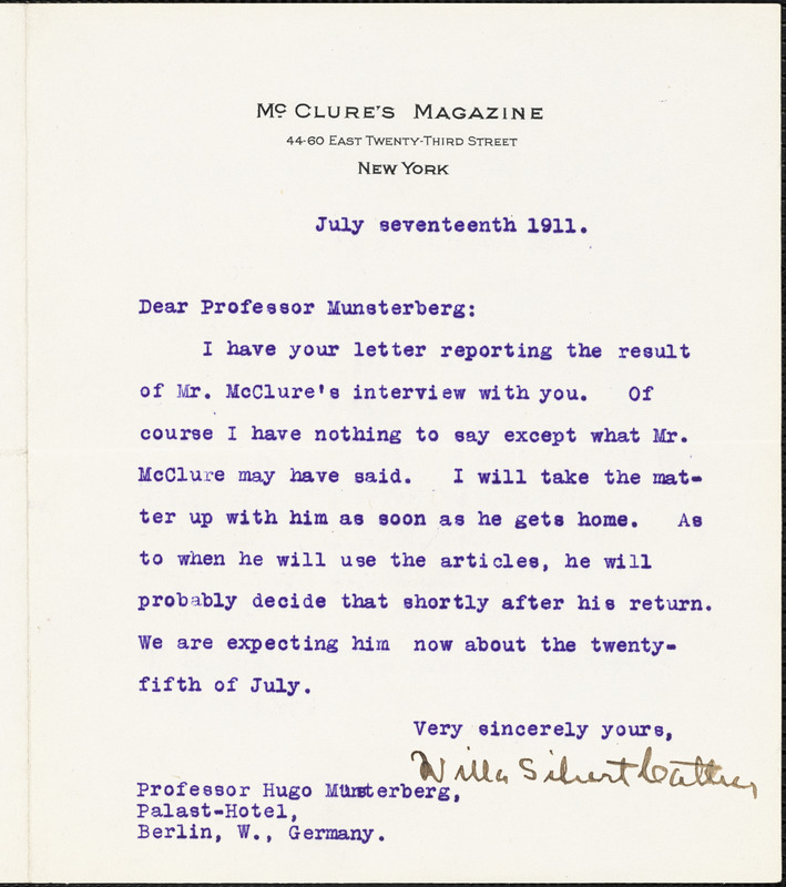 Cather, Willa Sibert, 1873-1947 typed letter signed to Hugo Münsterberg, New York, 17 July 1911