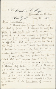 Cattell, James McKeen, 1860-1944 autograph letter signed to Hugo Münsterberg, Garrison-on-Hudson, 23 August 189-?