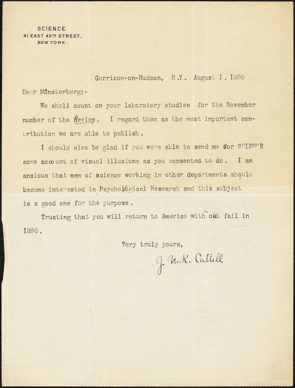 Cattell, James McKeen, 1860-1944 typed letter signed to Hugo Münsterberg, Garrison-on-Hudson, 1 August 1895