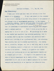 Cattell, James McKeen, 1860-1944 typed letter signed to Hugo Münsterberg, Garrison-on-Hudson, 26 May 1898