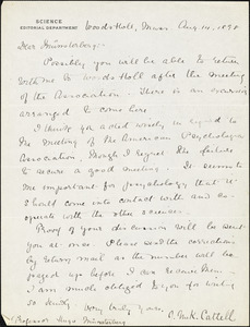 Cattell, James McKeen, 1860-1944 autograph letter signed to Hugo Münsterberg, Woodshole, Mass., 14 August 1898