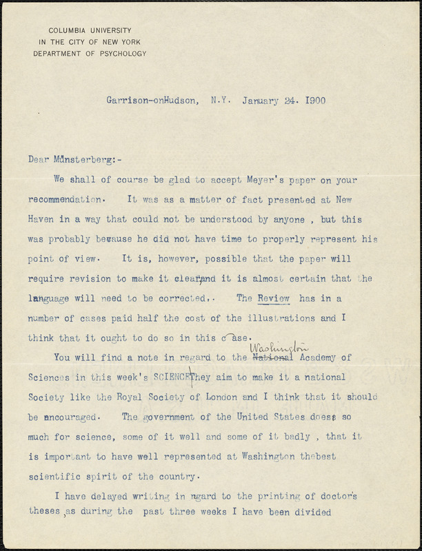 Cattell, James McKeen, 1860-1944 typed letter signed to Hugo Münsterberg, Garrison-on-Hudson, 24 January 1900
