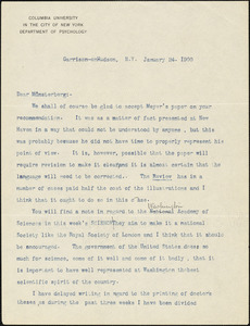 Cattell, James McKeen, 1860-1944 typed letter signed to Hugo Münsterberg, Garrison-on-Hudson, 24 January 1900