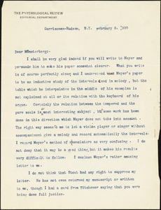 Cattell, James McKeen, 1860-1944 typed letter signed to Hugo Münsterberg, Garrison-on-Hudson, 8 February 1900