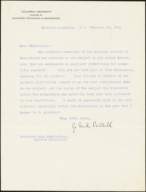 Cattell, James McKeen, 1860-1944 typed letter signed to Hugo Münsterberg, Garrison-on-Hudson, 22 November 1902