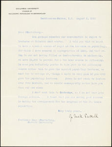 Cattell, James McKeen, 1860-1944 typed letter signed to Hugo Münsterberg, Garrison-on-Hudson, 5 August 1903