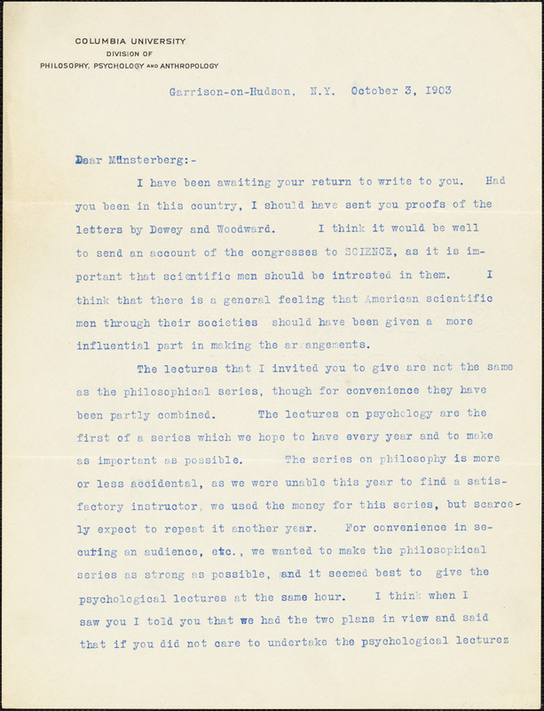 Cattell, James McKeen, 1860-1944 typed letter signed to Hugo Münsterberg, Garrison-on-Hudson, 3 October 1903