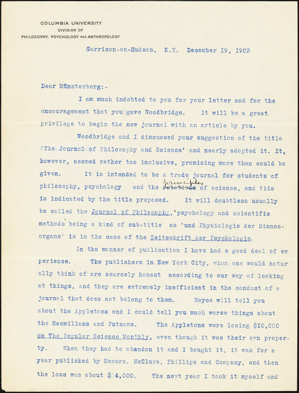 Cattell, James McKeen, 1860-1944 typed letter signed to Hugo Münsterberg, Garrison-on-Hudson, 19 December 1903