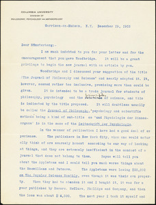 Cattell, James McKeen, 1860-1944 typed letter signed to Hugo Münsterberg, Garrison-on-Hudson, 19 December 1903