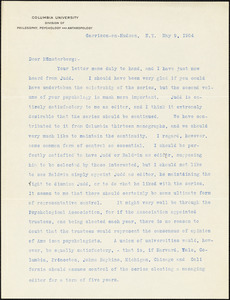 Cattell, James McKeen, 1860-1944 typed letter signed to Hugo Münsterberg, Garrison-on-Hudson, 9 May 1904