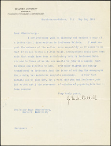 Cattell, James McKeen, 1860-1944 typed letter signed to Hugo Münsterberg, Garrison-on-Hudson, 14 May 1904