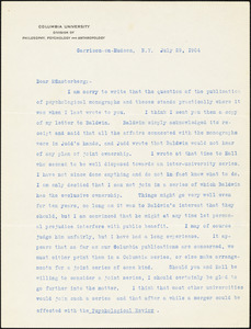 Cattell, James McKeen, 1860-1944 typed letter signed to Hugo Münsterberg, Garrison-on-Hudson, 29 July 1904