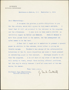 Cattell, James McKeen, 1860-1944 typed letter signed to Hugo Münsterberg, Garrison-on-Hudson, 1 September 1904
