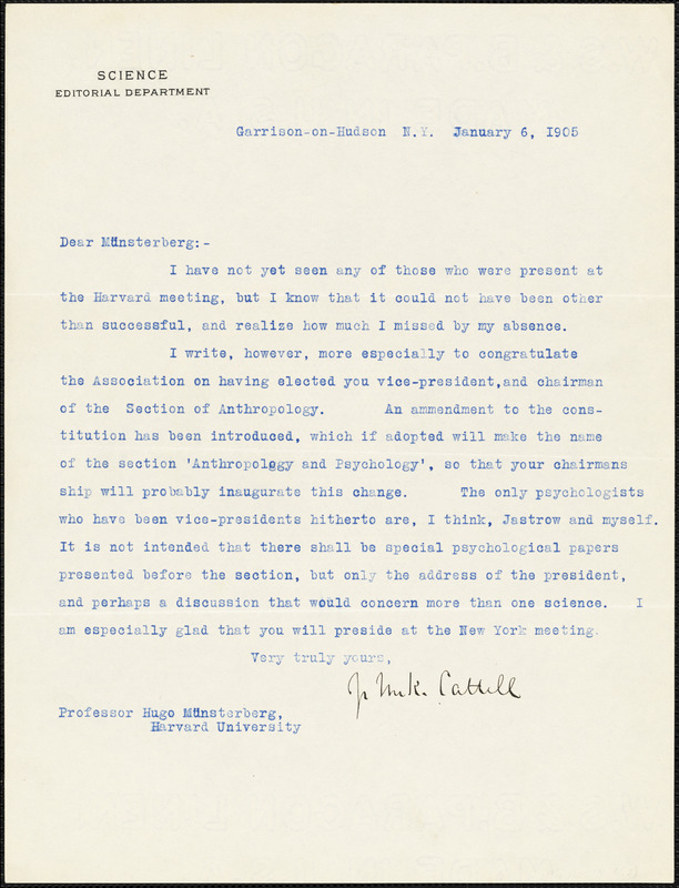 Cattell, James McKeen, 1860-1944 typed letter signed to Hugo Münsterberg, Garrison-on-Hudson, 6 January 1905