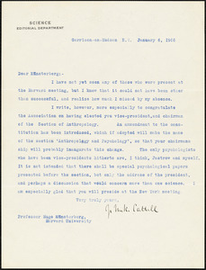 Cattell, James McKeen, 1860-1944 typed letter signed to Hugo Münsterberg, Garrison-on-Hudson, 6 January 1905