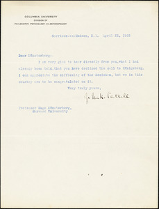 Cattell, James McKeen, 1860-1944 typed letter signed to Hugo Münsterberg, Garrison-on-Hudson, 22 April 1905