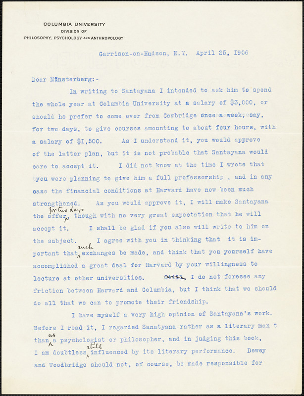 Cattell, James McKeen, 1860-1944 typed letter signed to Hugo Münsterberg, Garrison-on-Hudson, 25 April 1906