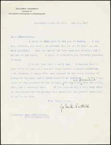 Cattell, James McKeen, 1860-1944 typed letter signed to Hugo Münsterberg, Garrison-on-Hudson, 22 May 1907