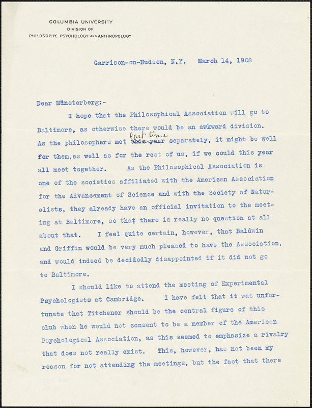Cattell, James McKeen, 1860-1944 typed letter signed to Hugo Münsterberg, Garrison-on-Hudson, 14 March 1908
