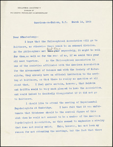 Cattell, James McKeen, 1860-1944 typed letter signed to Hugo Münsterberg, Garrison-on-Hudson, 14 March 1908