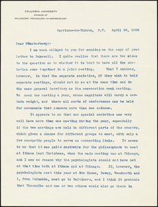 Cattell, James McKeen, 1860-1944 typed letter signed to Hugo Münsterberg, Garrison-on-Hudson, 30 April 1908