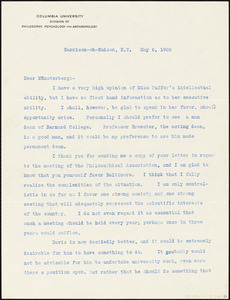 Cattell, James McKeen, 1860-1944 typed letter signed to Hugo Münsterberg, Garrison-on-Hudson, 6 May 1908