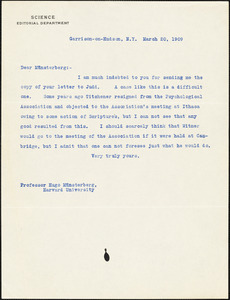 Cattell, James McKeen, 1860-1944 typed letter to Hugo Münsterberg, Garrison-on-Hudson, 20 March 1909