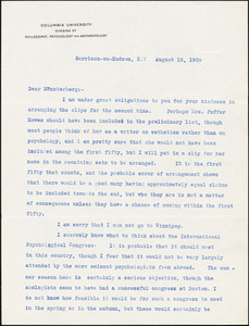 Cattell, James McKeen, 1860-1944 typed letter to Hugo Münsterberg, Garrison-on-Hudson, 18 August 1909