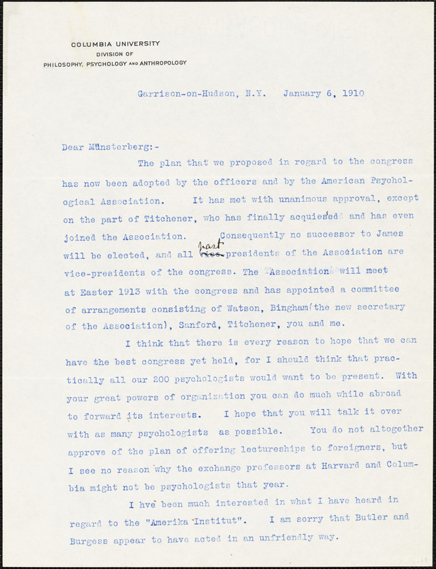Cattell, James McKeen, 1860-1944 typed letter signed to Hugo Münsterberg, Garrison-on-Hudson, 6 January 1910