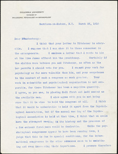Cattell, James McKeen, 1860-1944 typed letter signed to Hugo Münsterberg, Garrison-on-Hudson, 25 March 1910