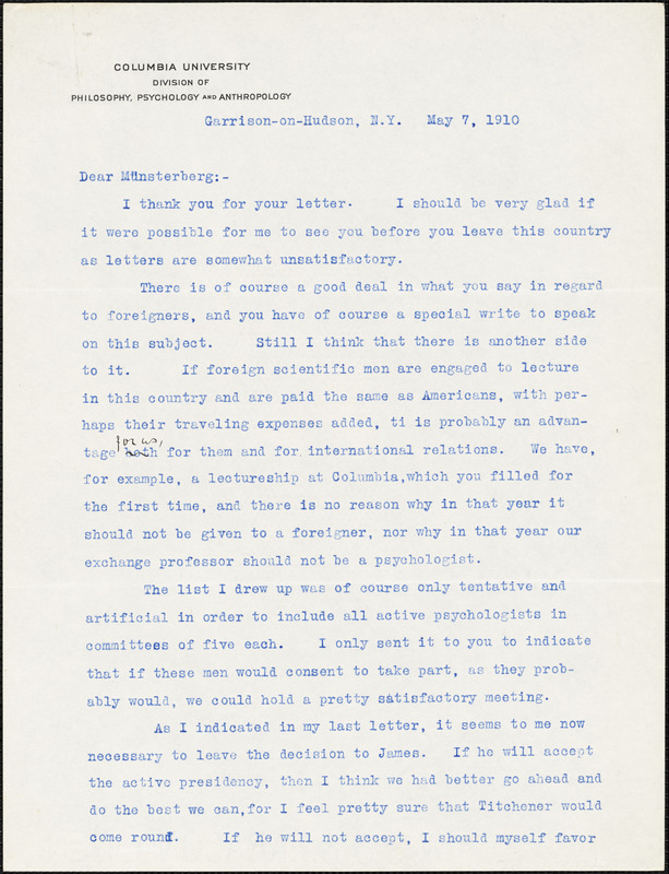 Cattell, James McKeen, 1860-1944 typed letter signed to Hugo Münsterberg, Garrison-on-Hudson, 7 May 1910