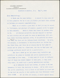 Cattell, James McKeen, 1860-1944 typed letter signed to Hugo Münsterberg, Garrison-on-Hudson, 7 May 1910