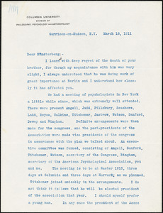 Cattell, James McKeen, 1860-1944 typed letter signed to Hugo Münsterberg, Garrison-on-Hudson, 18 March 1911