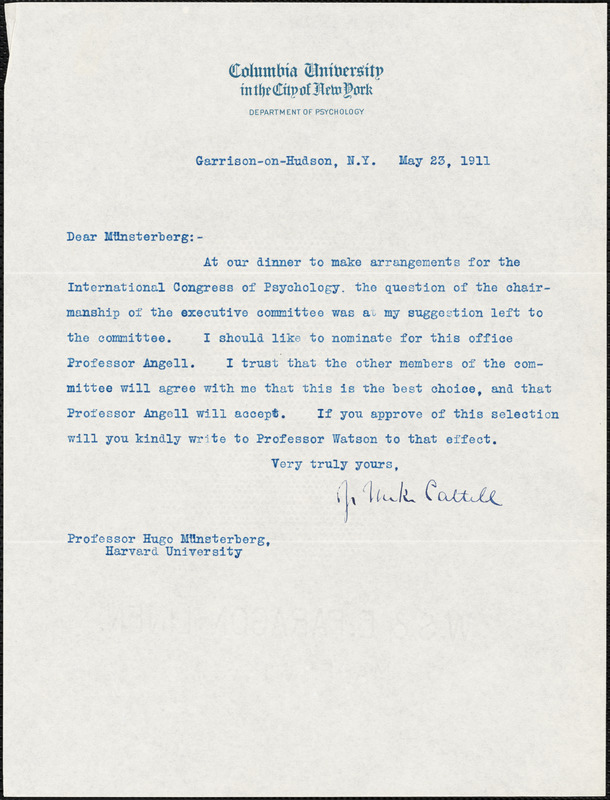 Cattell, James McKeen, 1860-1944 typed letter signed to Hugo Münsterberg, Garrison-on-Hudson, 23 May 1911