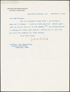 Cattell, James McKeen, 1860-1944 typed letter signed to Hugo Münsterberg, Garrison-on-Hudson, 1 September 1911