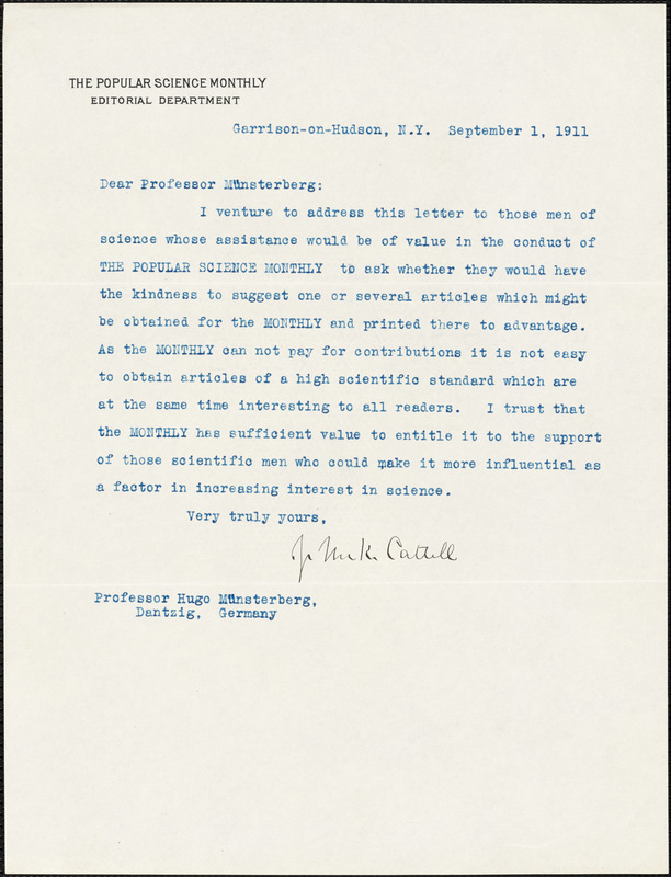 Cattell, James McKeen, 1860-1944 typed letter signed to Hugo Münsterberg, Garrison-on-Hudson, 1 September 1911