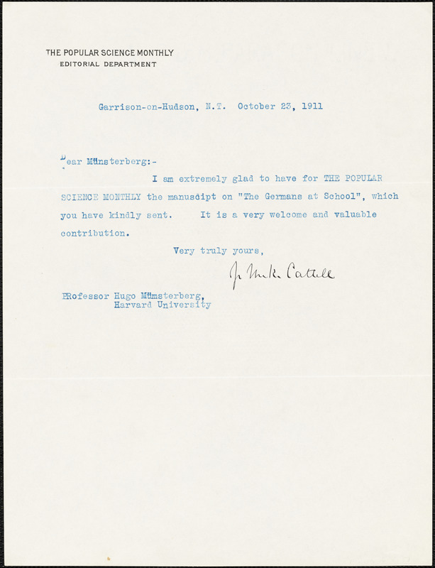 Cattell, James McKeen, 1860-1944 typed letter signed to Hugo Münsterberg, Garrison-on-Hudson, 23 October 1911