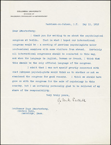 Cattell, James McKeen, 1860-1944 typed letter signed to Hugo Münsterberg, Garrison-on-Hudson, 11 May 1912