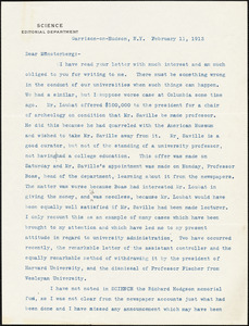 Cattell, James McKeen, 1860-1944 typed letter signed to Hugo Münsterberg, Garrison-on-Hudson, 11 February 1913